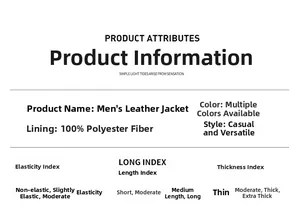 Detail specifications of men's leather jacket showing 100% polyester lining and size info