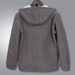 Rear view of a heavy dark gray hooded fleece jacket with warm white fleece lining