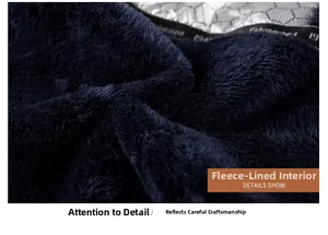 Macro shot of thick blue fleece lining and heat reflective silver thermal fabric detail