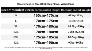 Size chart for corduroy jacket showing recommended height and weight from M to 4XL