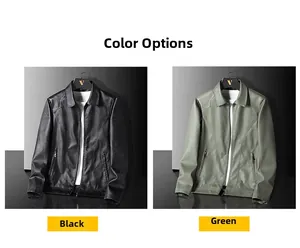 Detail view of men's faux leather jackets in black and green with matte texture