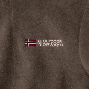 Close-up of brown fleece jacket with detailed Norway flag embroidery and outdoor lettering