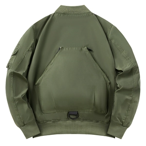 Army green military bomber jacket with functional large back pocket and ribbed cuffs
