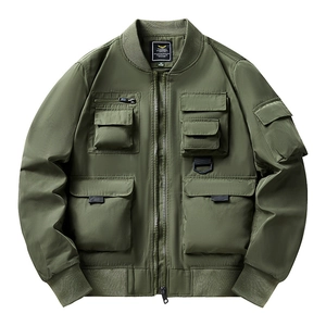 Army green military style bomber jacket with multi-pocket utility design and ribbed cuffs