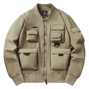 Men's khaki multi-pocket military bomber jacket with ribbed cuffs and flat lay design
