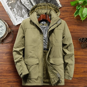 Men Thickened Fleece Lined Padded Jacket Mid-Length Hooded Winter Coat Windproof Warm Outwear For Middle-Aged Dad Nylon