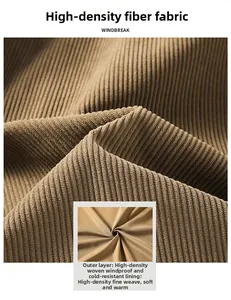 Detailed close-up of brown corduroy fabric and windproof lining on the men's jacket