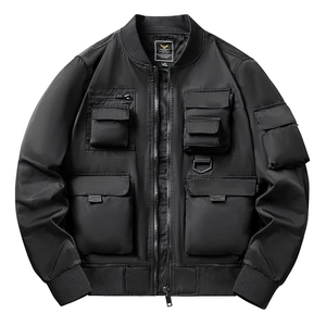 Men's black tactical multi-pocket bomber jacket with functional military cargo style
