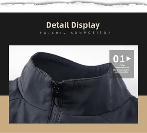Detailed close-up of the stand-up collar and high-quality black zipper on a gray jacket
