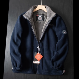 Men's Outdoor Fleece Jacket Thickened Warm Nylon Stand Collar Full Zip Embroidered Badge Winter Thermal Outerwear