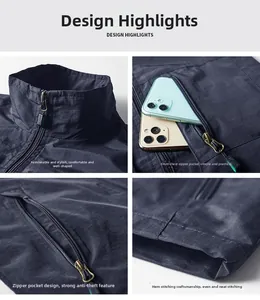 Detailed views of stand collar, zipper pockets and fine stitching on a navy utility vest