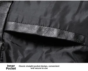 Macro view showing the reinforced inner welt pocket of the black leather jacket