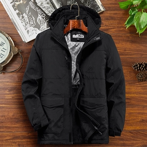 Men's heavy insulated black hooded parka with fleece lining and outdoor embroidery