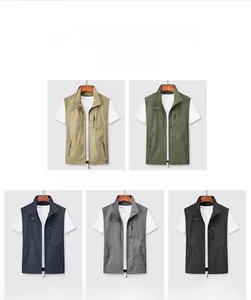 Color selection of multi-pocket outdoor vests in khaki, green, blue, gray, and black