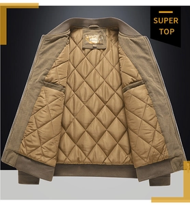 Detail of khaki corduroy jacket with diamond quilted lining and ribbed knit collar