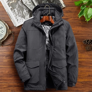 Men's thermal hooded parka in dark grey with fleece lining and heat-reflective technology