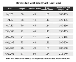 Detailed size chart for men's reversible fleece vest from size M to 6XL with measurements