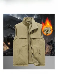 Detail view of khaki winter vest with fleece lining, stand collar and zipper pockets