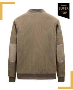 Rear view of brown corduroy jacket featuring ribbed hem and oval elbow patches details