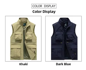 Gilet de plein air pour hommes avec poches multiples et col montant en kaki et bleu marine