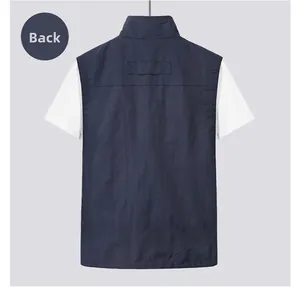 Detail view of the back of a navy blue outdoor vest with reinforced collar stitching