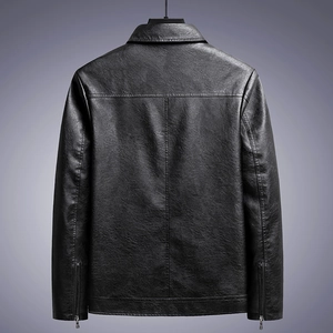 Men's black leather jacket with back stitching details and silver zipper cuffs on sleeves