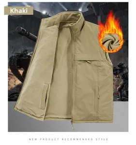 Detail of khaki men's tactical vest with heavy fleece lining and multiple zip pockets
