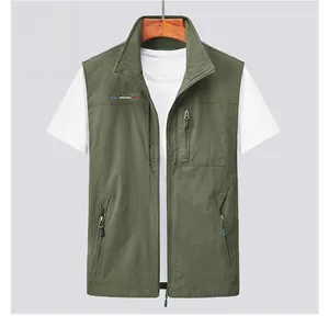 Army green outdoor vest with multi-pocket design and durable windproof fabric detail