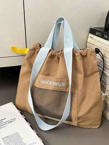 Large Capacity Nylon Drawstring Tote Bag For Women Versatile Casual Shoulder Bag Lightweight Outdoor Travel School Bag