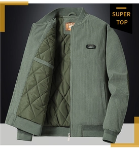 Detail of green corduroy jacket showing quilted lining and embroidered chest patch