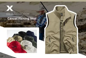 Detail of multi-pocket outdoor fishing vest with mesh lining and six color variants