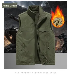 Detail of army green vest featuring windproof nylon shell and warm fleece lining