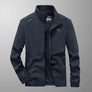 Men's navy blue stretch outdoor camping jacket with stand collar and front zipper
