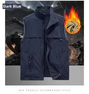 Detail view of men's navy blue reversible fleece vest with thermal lining and zipper