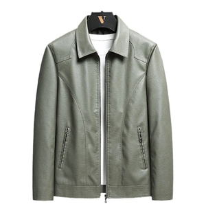Men's olive green faux leather biker jacket with lapel collar and zip pockets