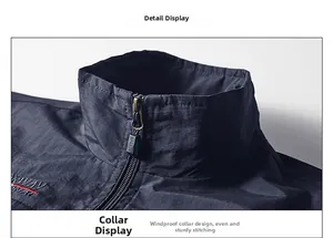 Close-up of windproof stand collar with premium zipper detail and reinforced stitching