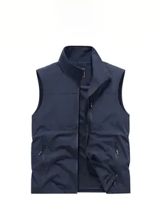 Close-up of deep blue waterproof fishing vest with zipper pockets and breathable mesh lining