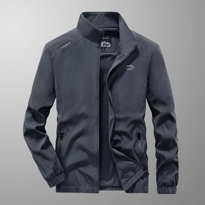 Men's dark gray outdoor camping jacket with stand collar and functional zip pockets