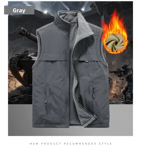 Detail of gray winter vest showing warm fleece lining and stand-up collar design
