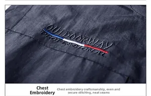 Detail of OUTDOORWAY embroidery and reinforced stitching on professional outdoor vest