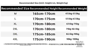 Size chart for corduroy jacket showing measurements from M to 4XL in cm and kg