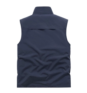 Rear view of navy blue outdoor vest featuring functional seam and windproof fabric