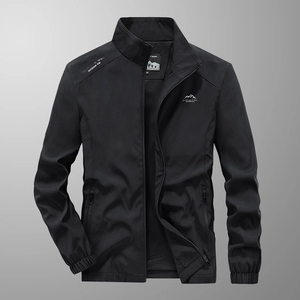 Men's outdoor windproof black adventure jacket with stand collar and zipper pockets