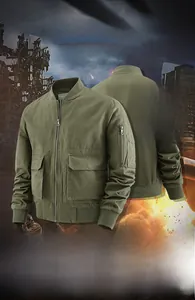 Detail of olive green cotton bomber jacket showing ribbed cuffs and utility arm pocket