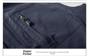 Detail of multi-pocket vest showing smooth zipper with SPORTS logo and fabric texture