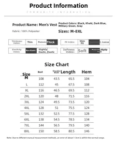 Tableau des tailles détaillé pour gilet d'extérieur homme multipoches du M au 8XL