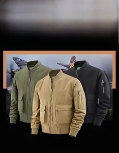 Detailed view of cargo pilot jackets in army green, khaki, and black with large pockets