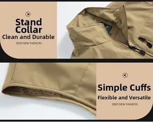 Detail of khaki outdoor vest with stand collar, durable zipper and breathable mesh lining