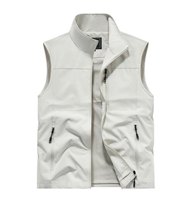 Detail of lightweight men's outdoor fishing vest with mesh lining and zipper pockets