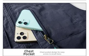 Macro detail of high-capacity zippered chest pocket on navy outdoor utility vest